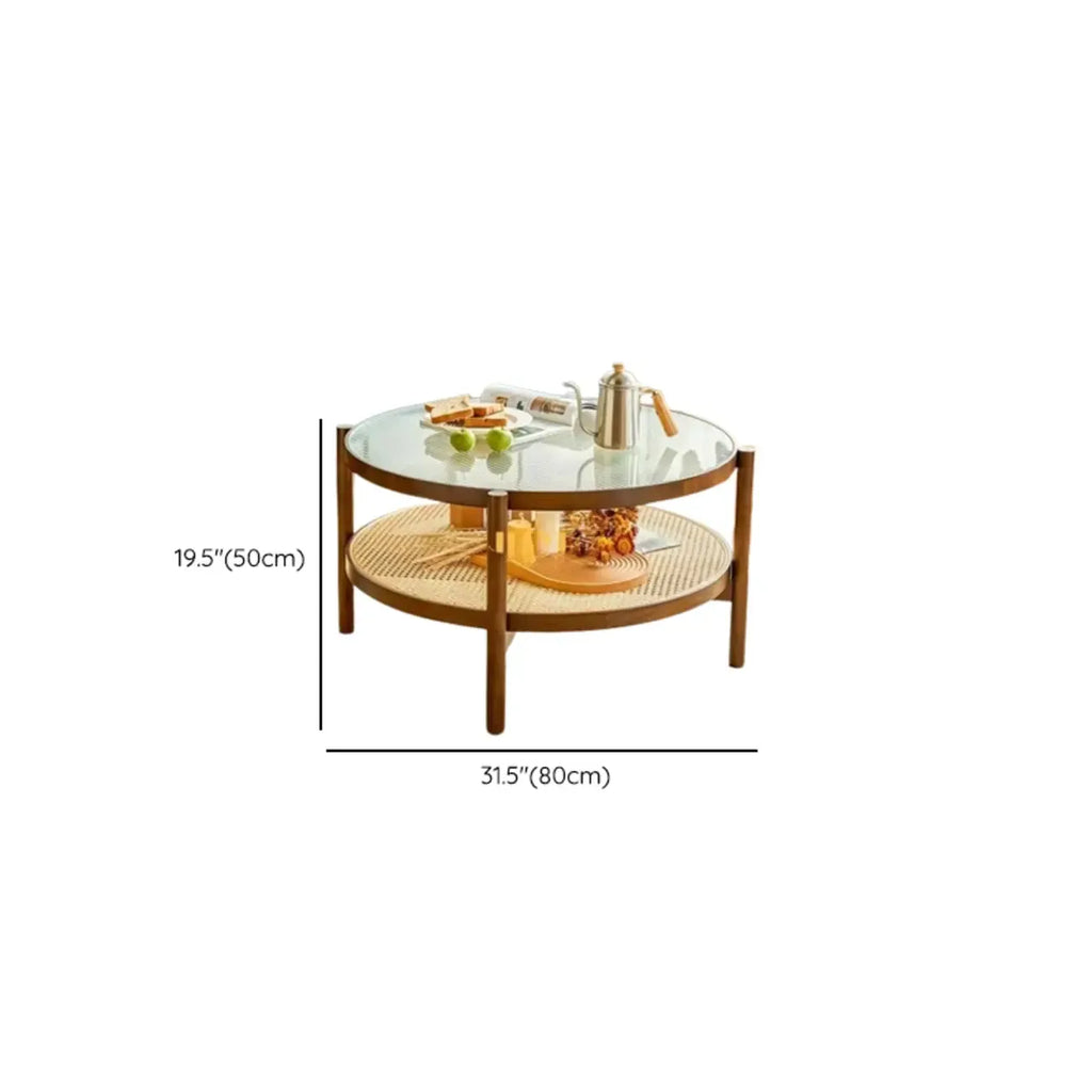 Round Natural Wood Side Table with Glass Top for Living Room