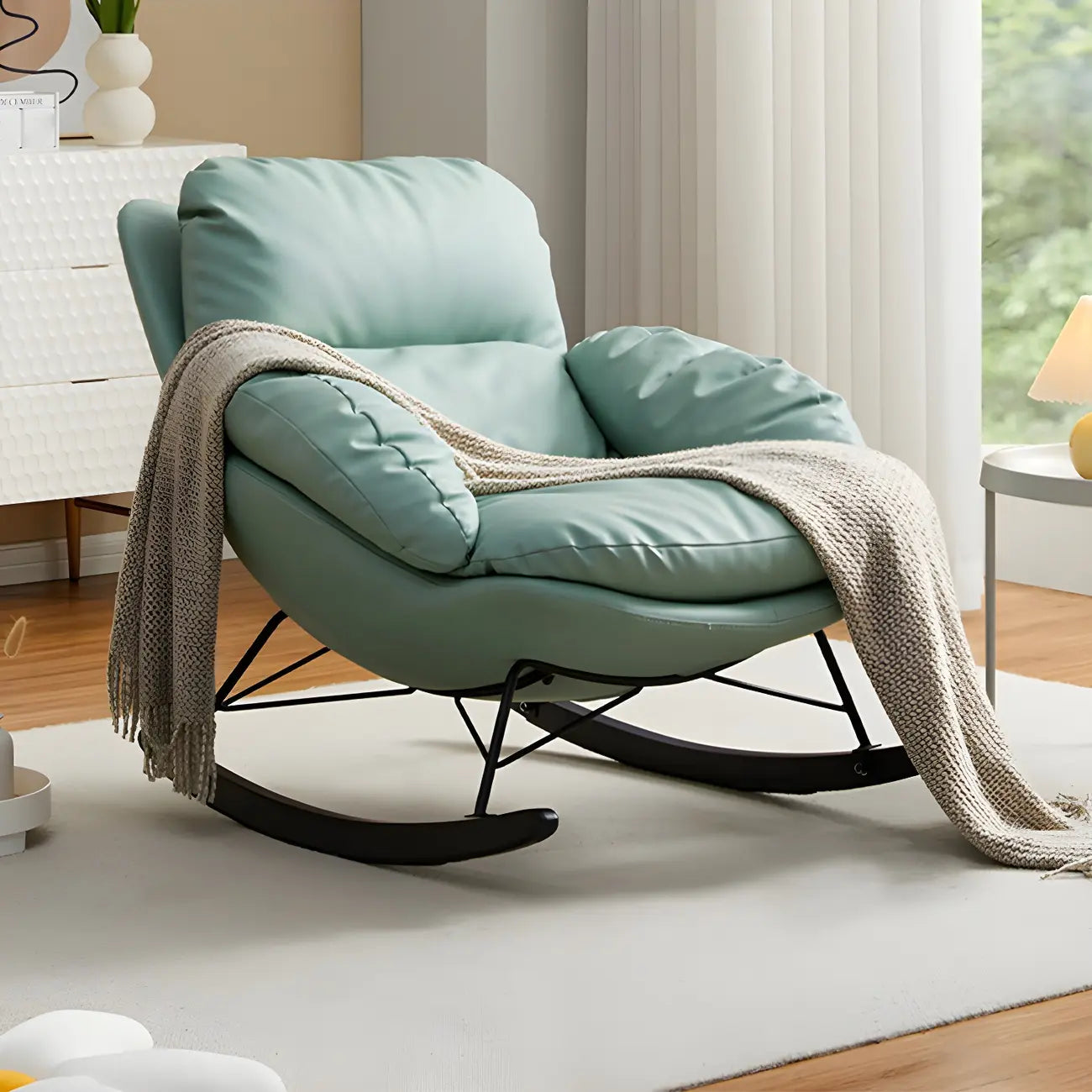 Modern Blue Leather Upholstered Rocking Chair for Indoor