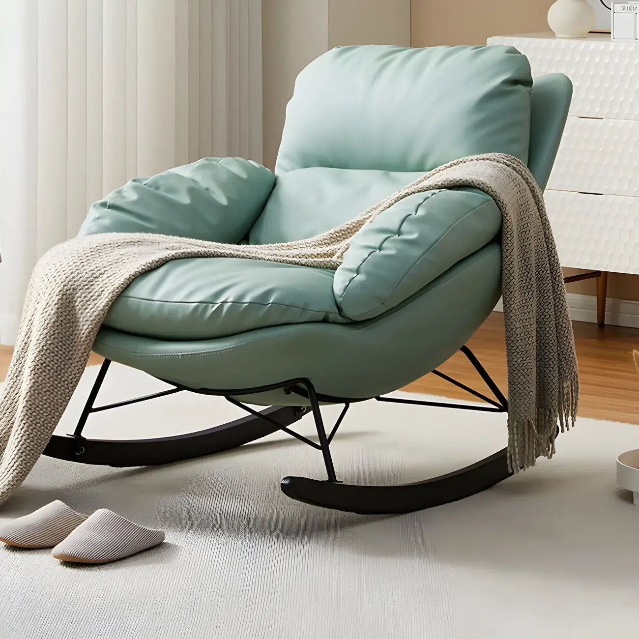 Modern Blue Leather Upholstered Rocking Chair for Indoor