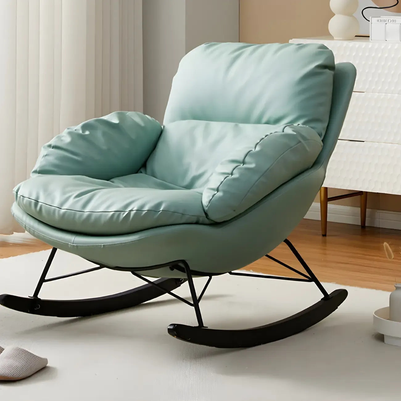 Modern Blue Leather Upholstered Rocking Chair for Indoor