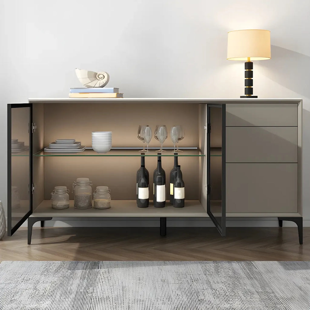 Modern Grey Sideboard with Glass Doors and Drawers