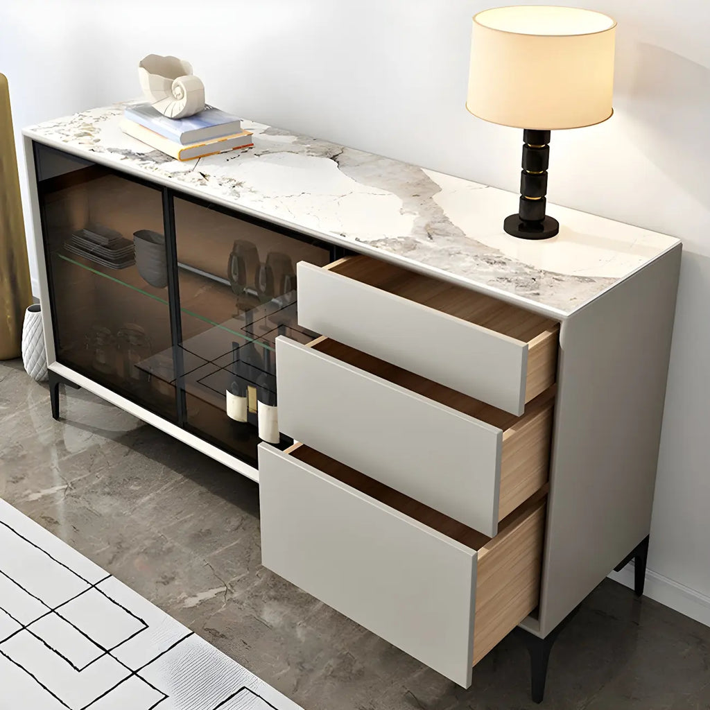 Modern Grey Sideboard with Glass Doors and Drawers