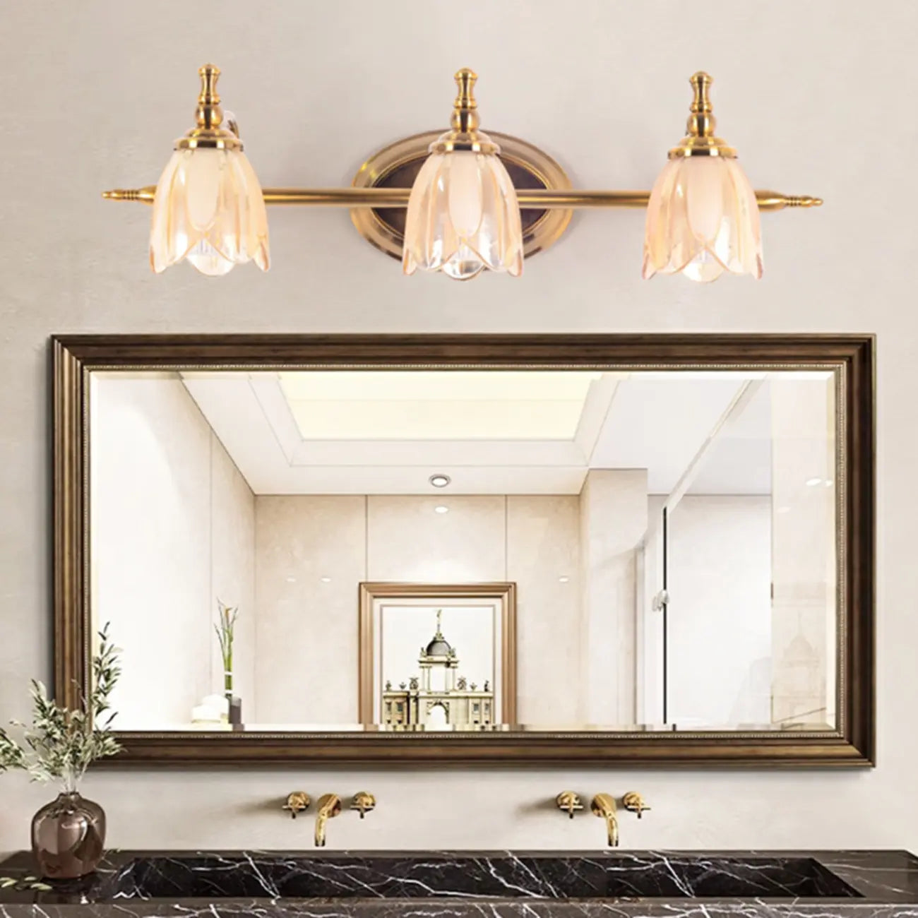 Contemporary Metal Vanity Light with Floral Glass Shade