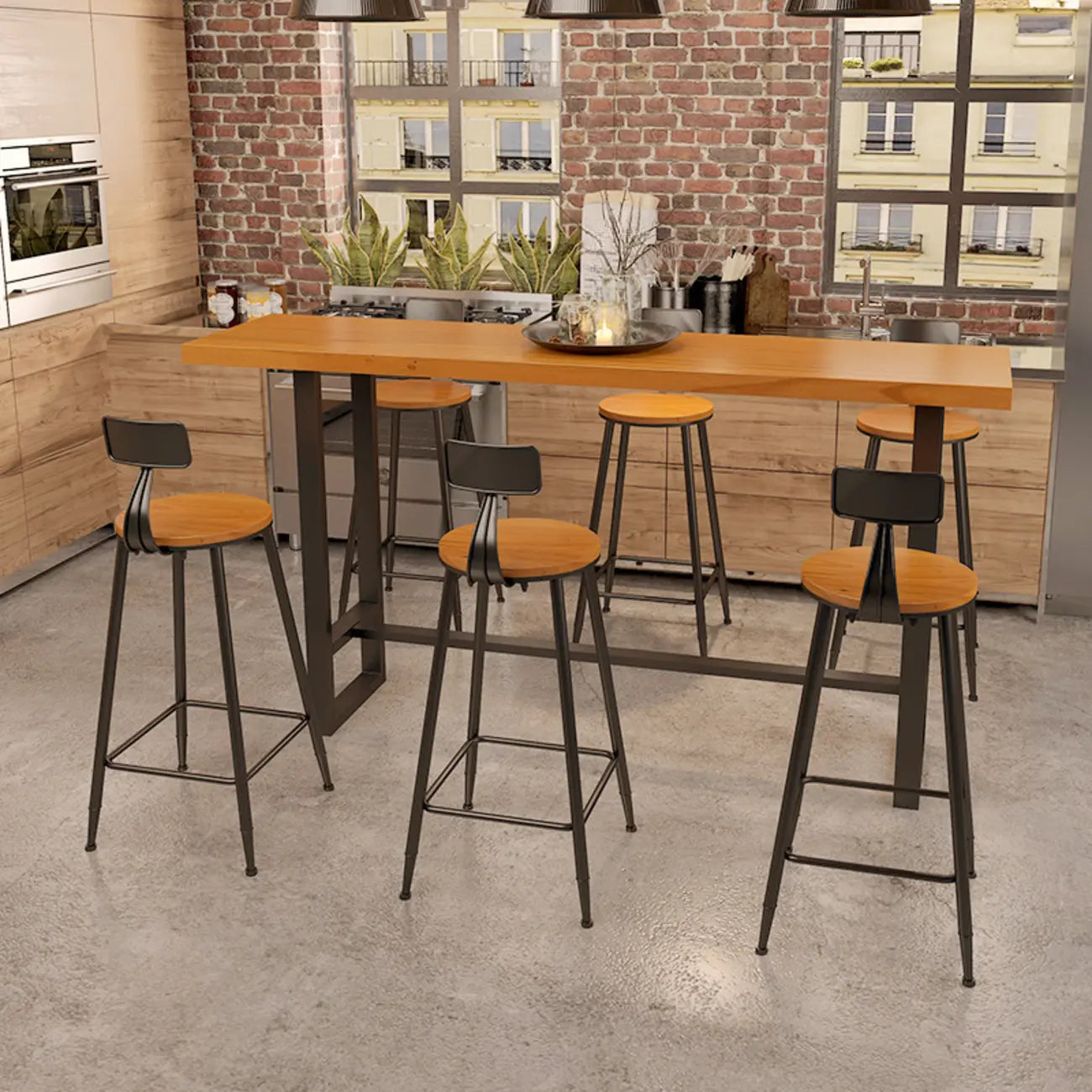 Industrial Wood Bar Table Set with Black Metal Base