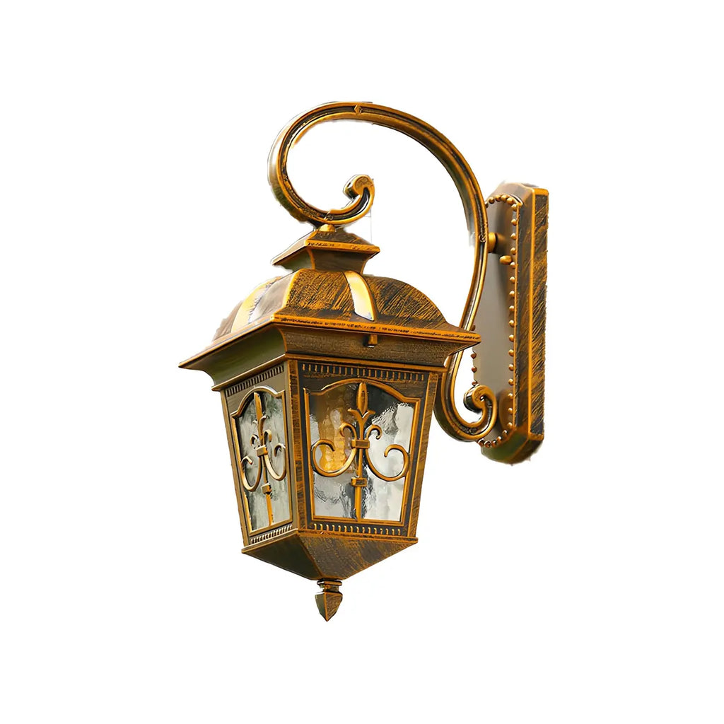 Vintage Bronze Lantern Wall Sconce with Curved Arm
