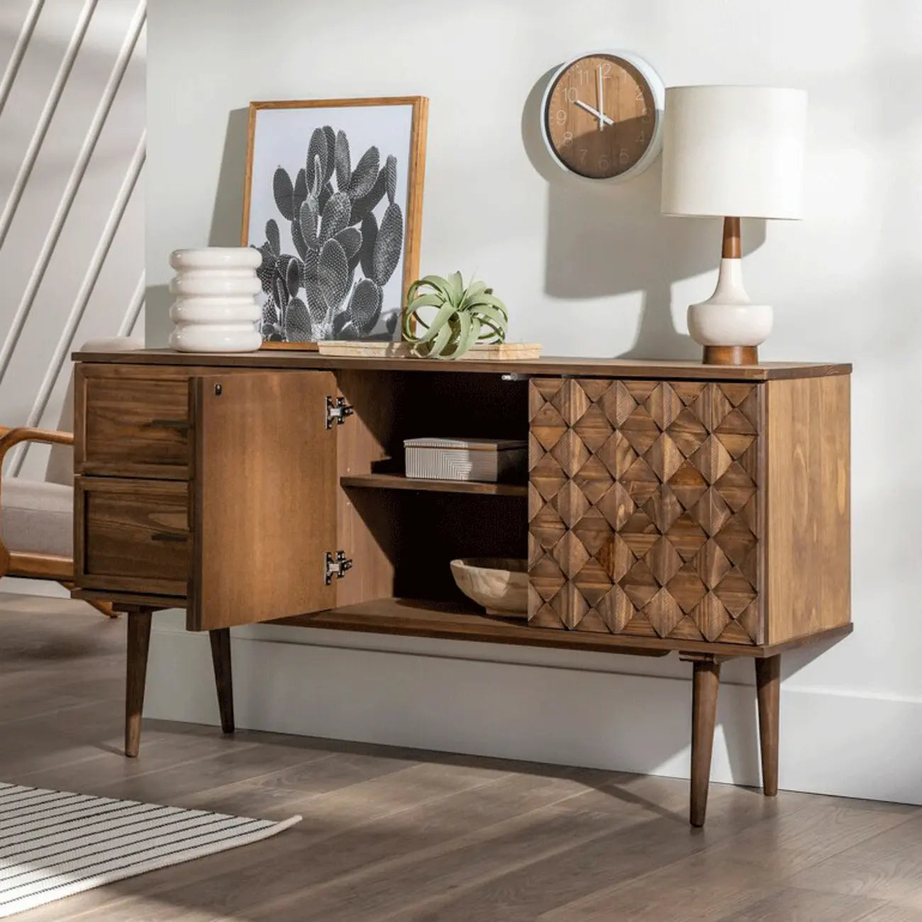 Modern Walnut Buffet Table with Drawers and Cabinets