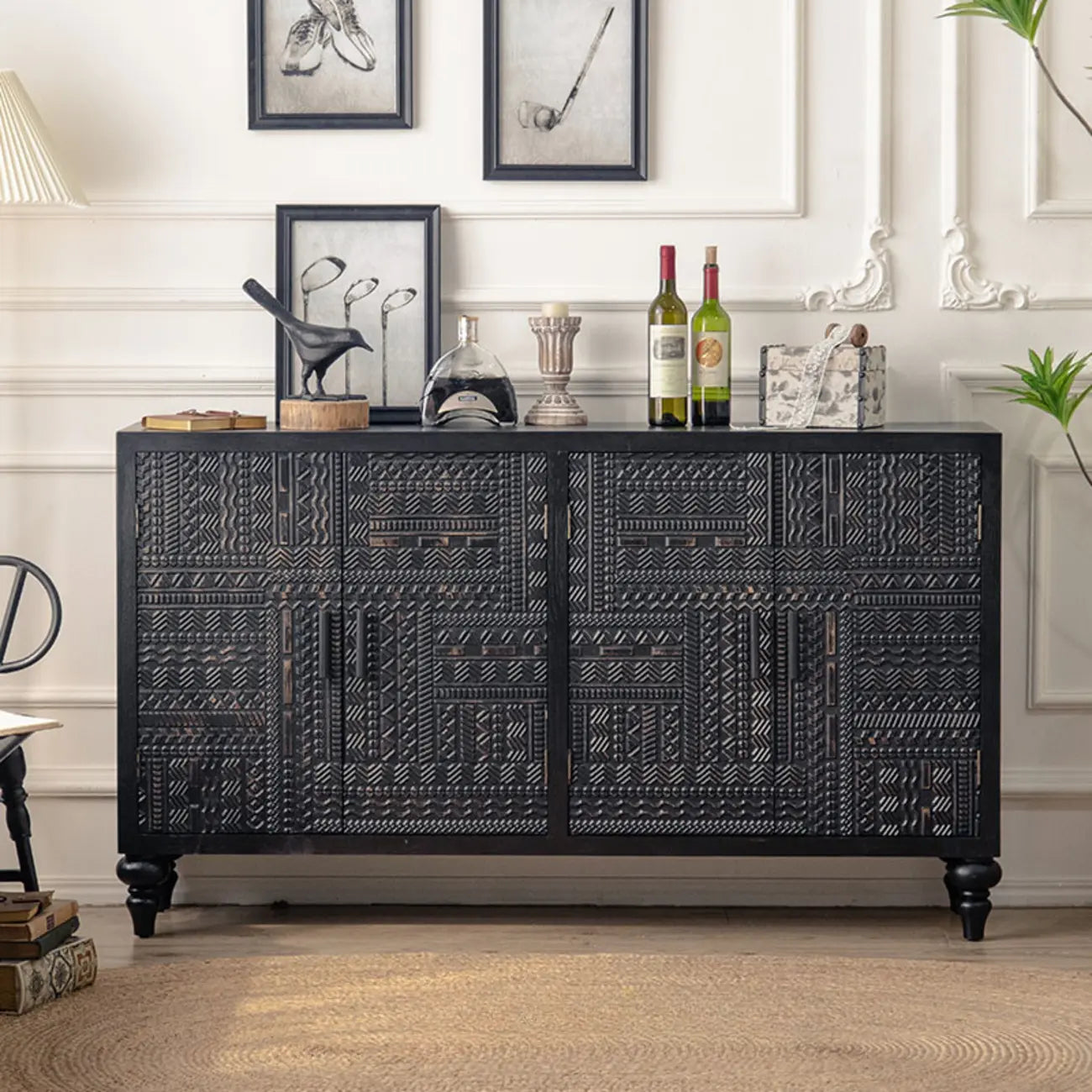Mid-Century Rectangle Black Distressed Wood Carved Cabinet