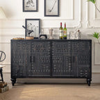 Mid-Century Rectangle Black Distressed Wood Carved Cabinet