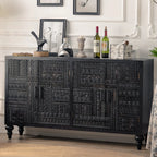 Mid-Century Rectangle Black Distressed Wood Carved Cabinet