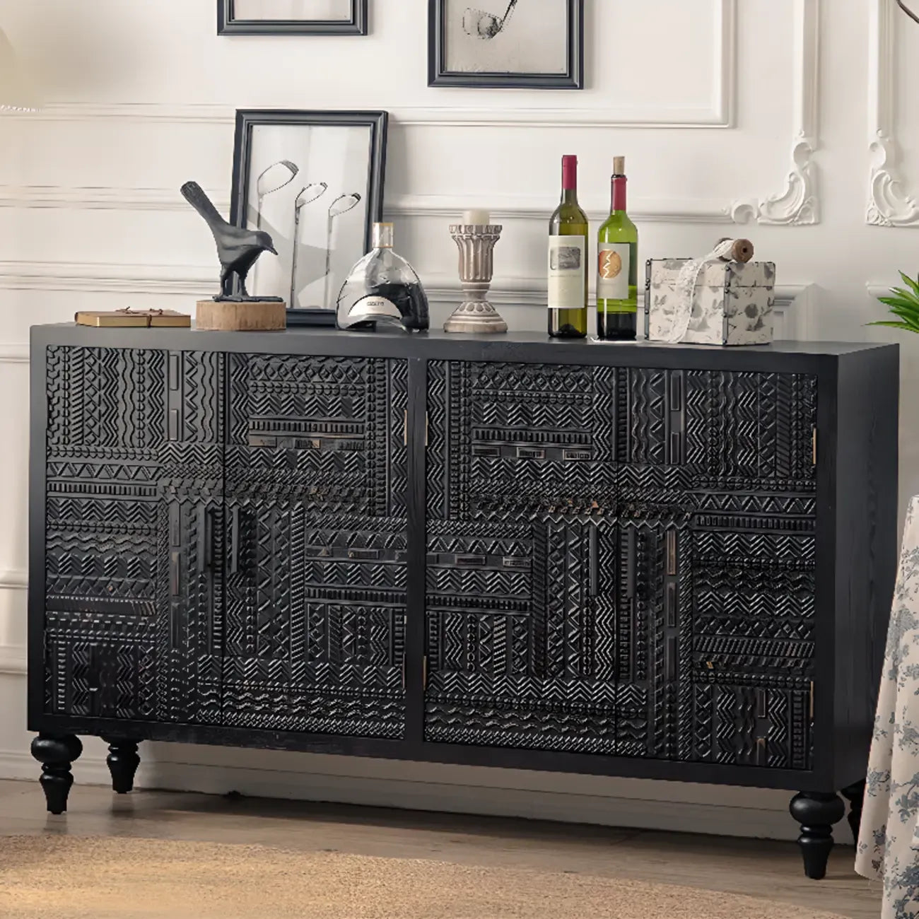 Mid-Century Rectangle Black Distressed Wood Carved Cabinet