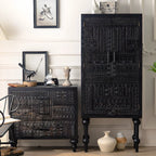 Mid-Century Rectangle Black Distressed Wood Carved Cabinet