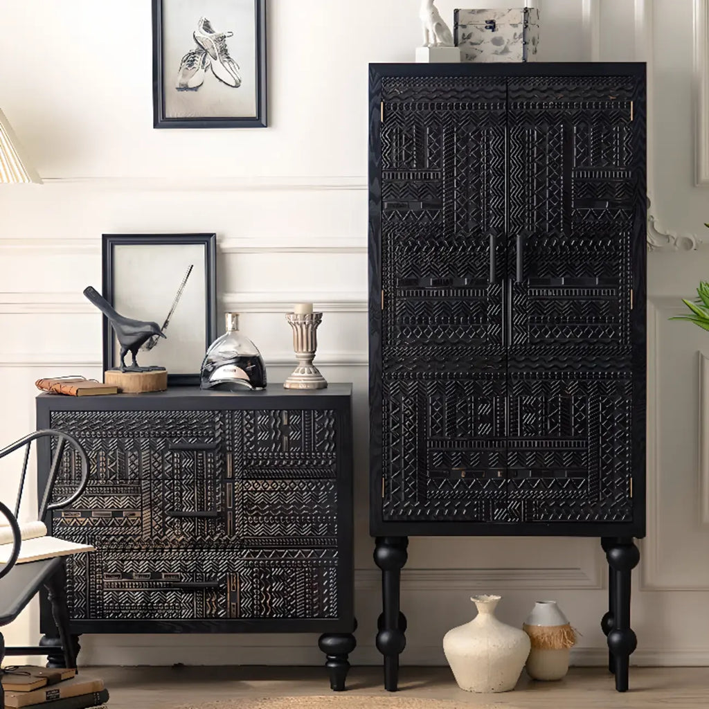 Mid-Century Rectangle Black Distressed Wood Carved Cabinet