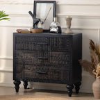 Mid-Century Rectangle Black Distressed Wood Carved Cabinet