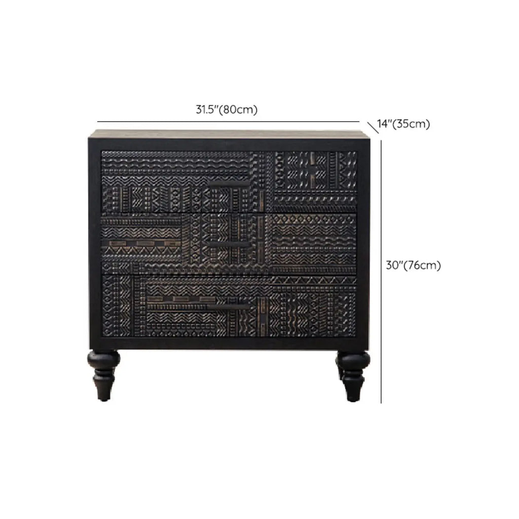 Mid-Century Rectangle Black Distressed Wood Carved Cabinet
