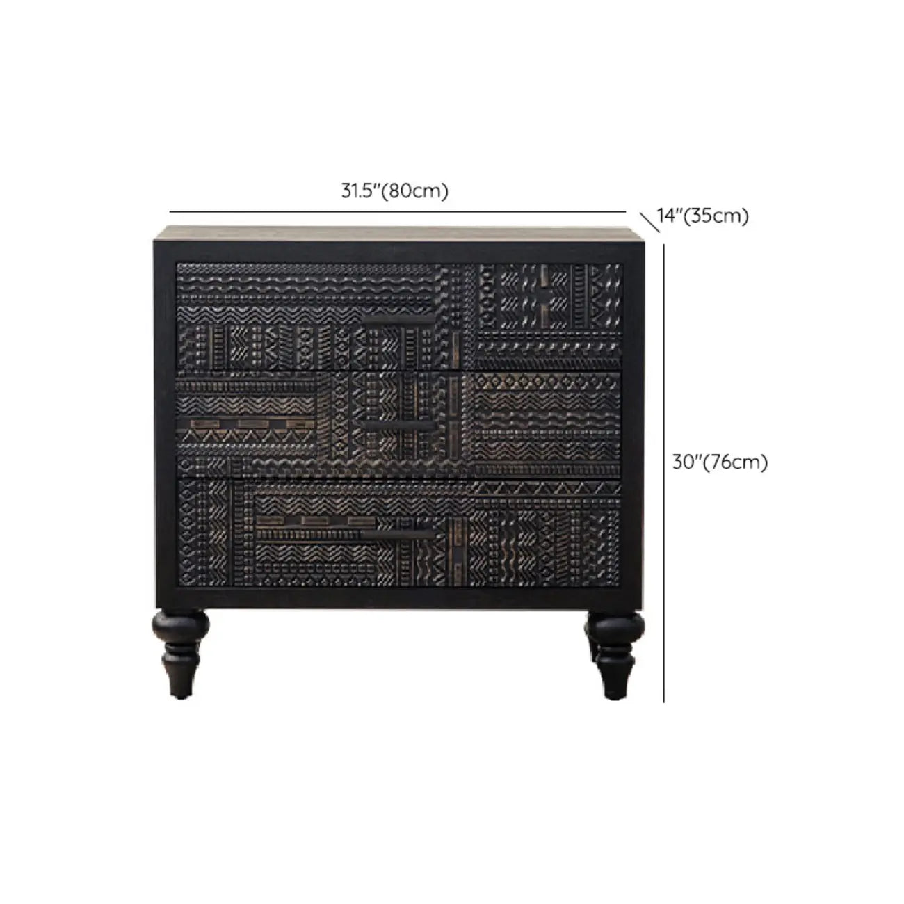 Mid-Century Rectangle Black Distressed Wood Carved Cabinet
