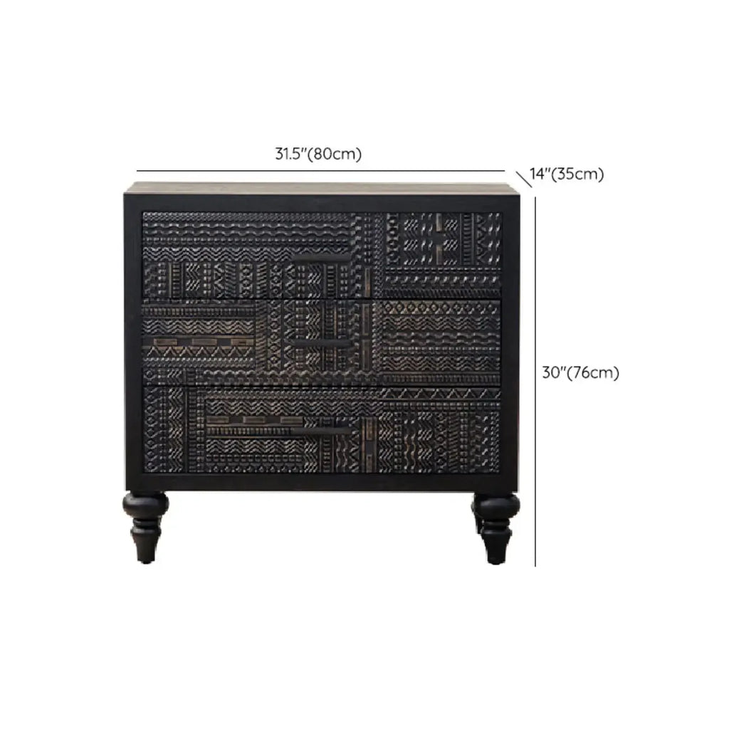 Mid-Century Rectangle Black Distressed Wood Carved Cabinet