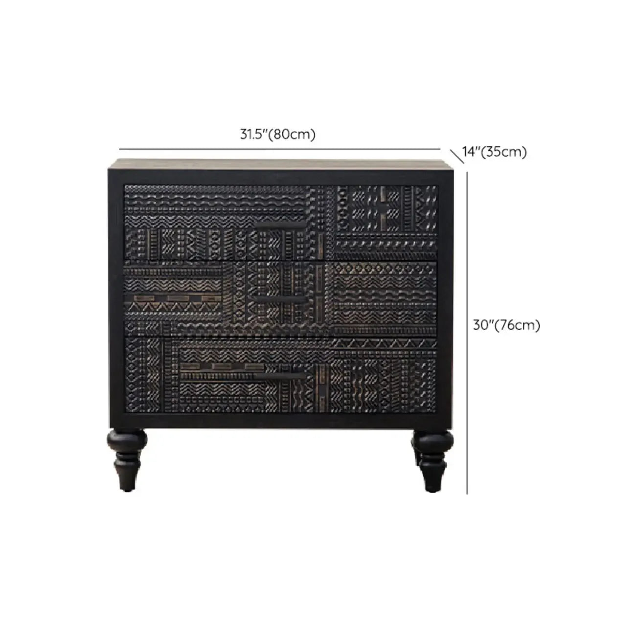 Mid-Century Rectangle Black Distressed Wood Carved Cabinet