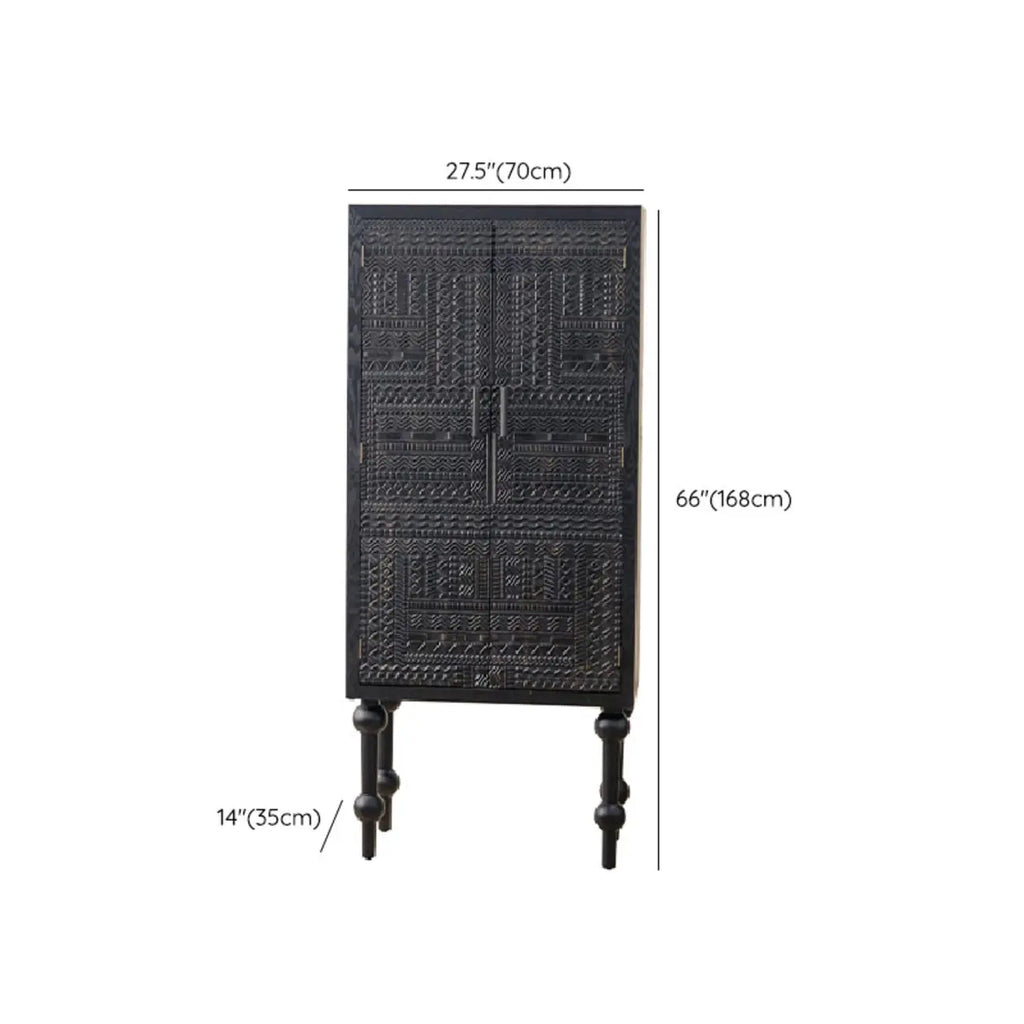 Mid-Century Rectangle Black Distressed Wood Carved Cabinet