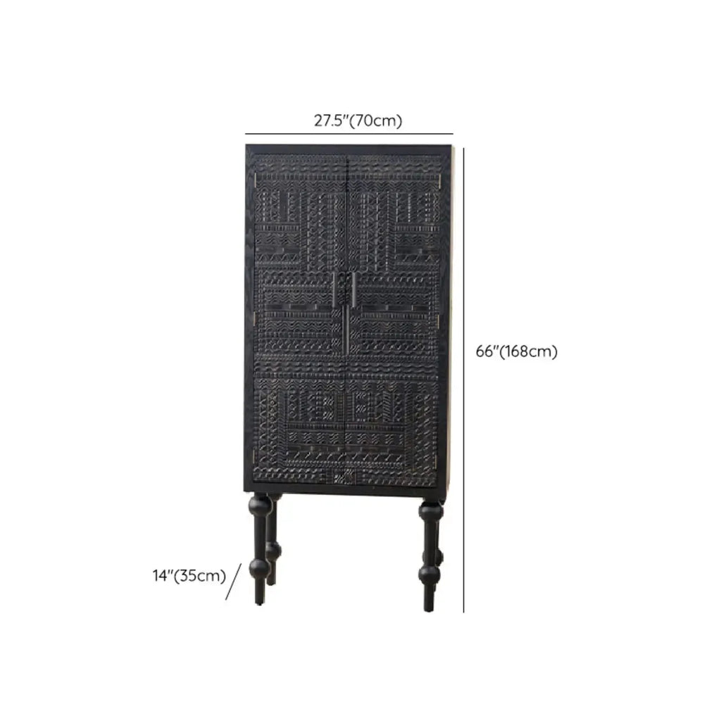 Mid-Century Rectangle Black Distressed Wood Carved Cabinet