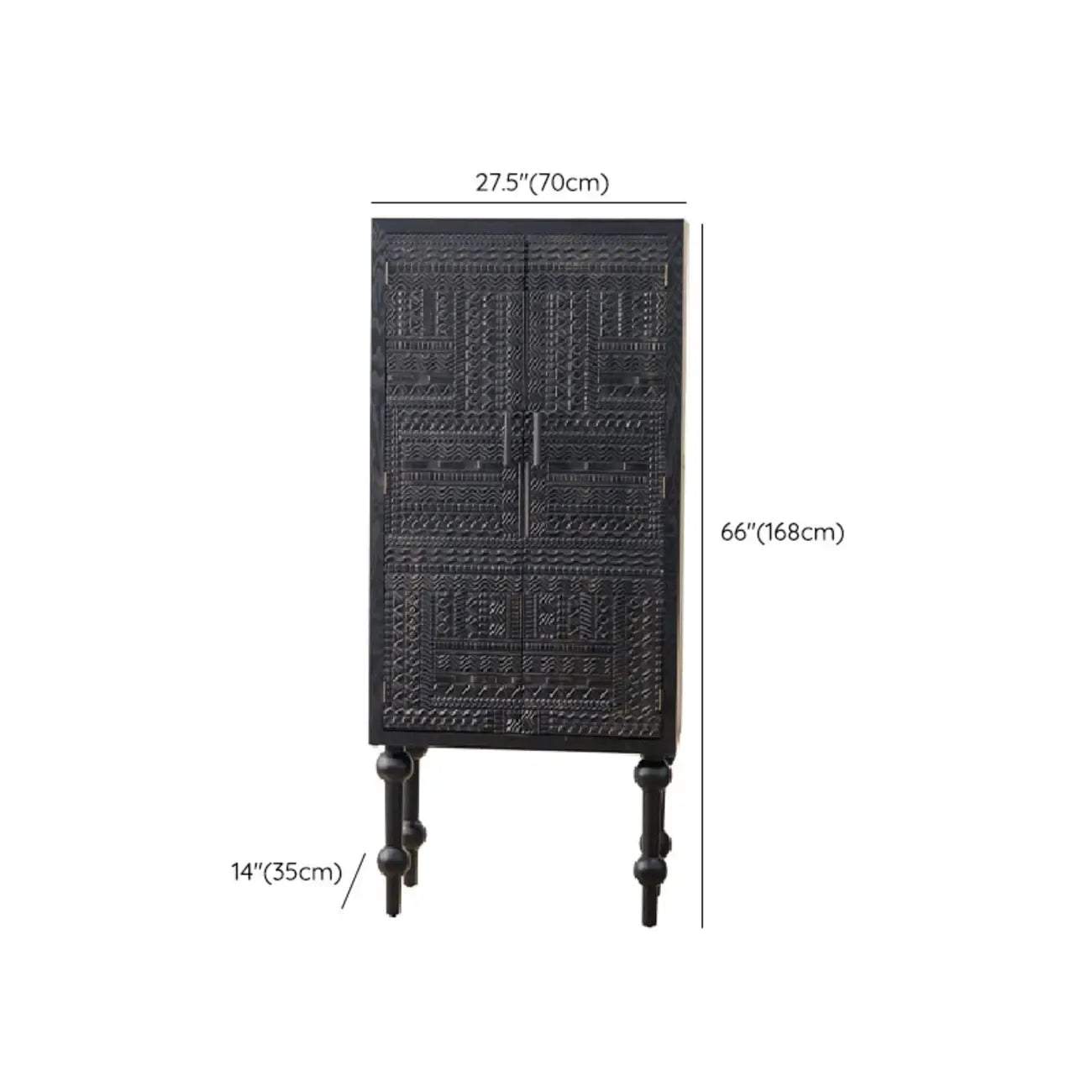 Mid-Century Rectangle Black Distressed Wood Carved Cabinet