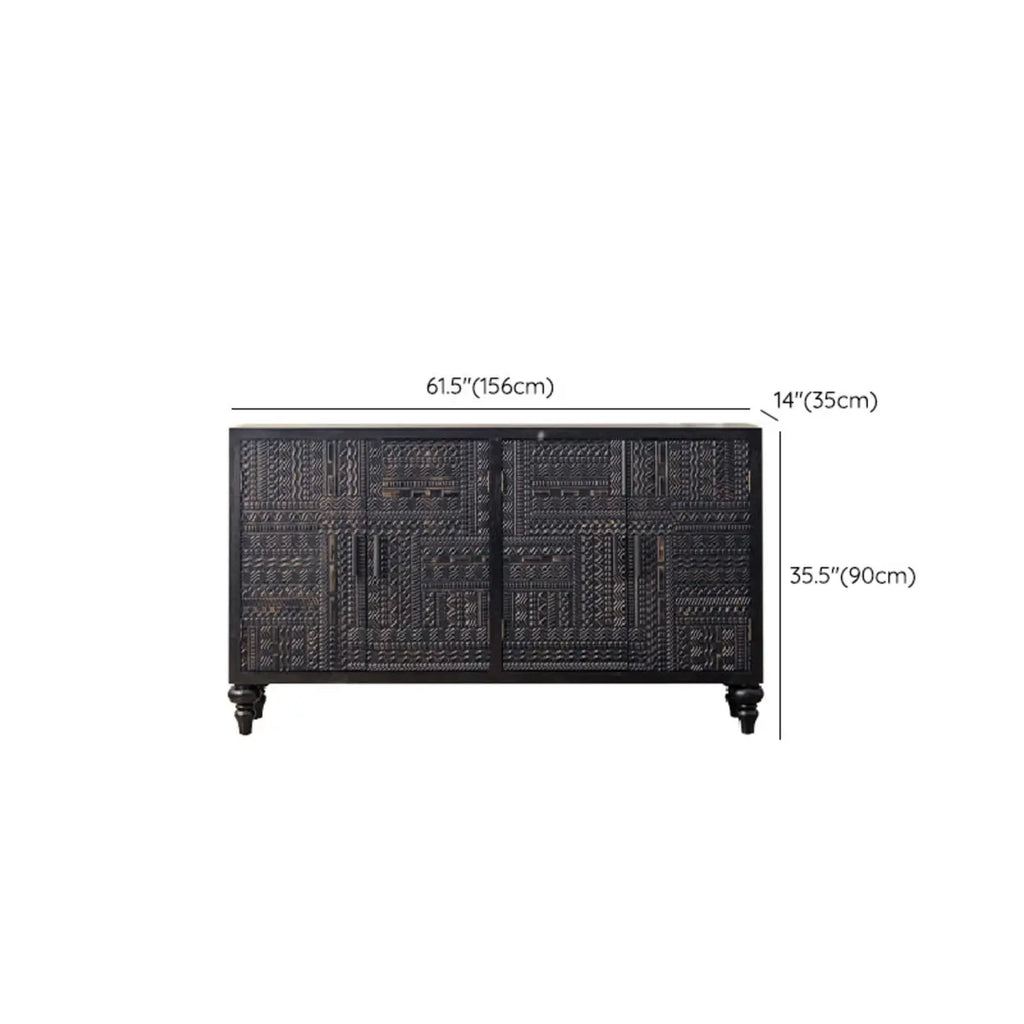 Mid-Century Rectangle Black Distressed Wood Carved Cabinet