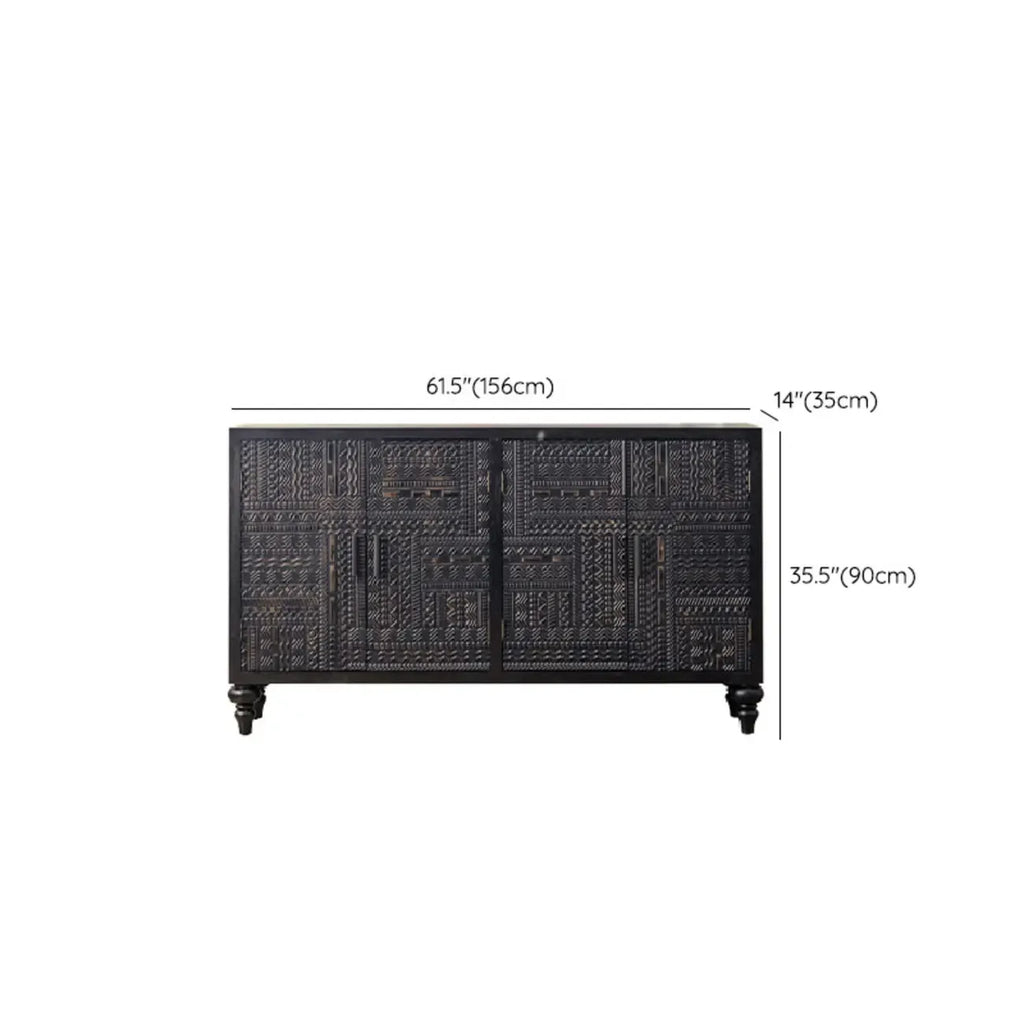 Mid-Century Rectangle Black Distressed Wood Carved Cabinet