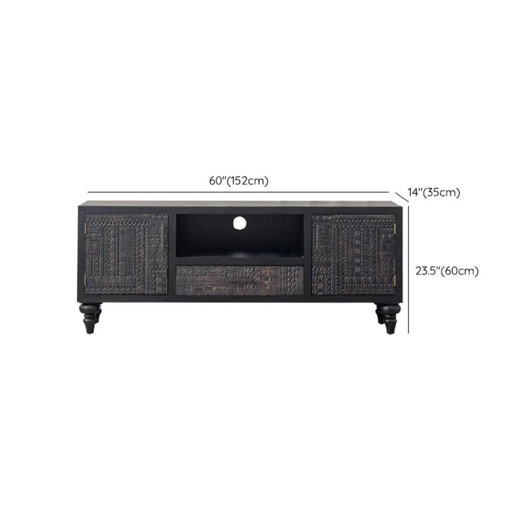 Mid-Century Rectangle Black Distressed Wood Carved Cabinet
