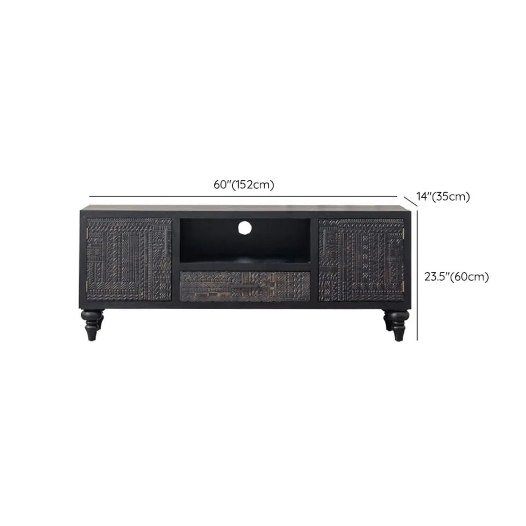 Mid-Century Rectangle Black Distressed Wood Carved Cabinet