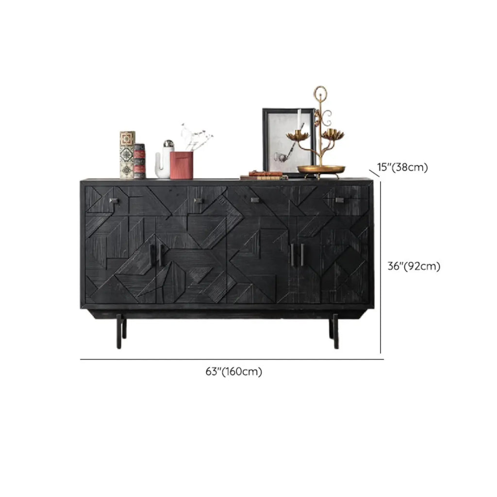 Mid-Century Rectangle Black Distressed Wood Carved Cabinet
