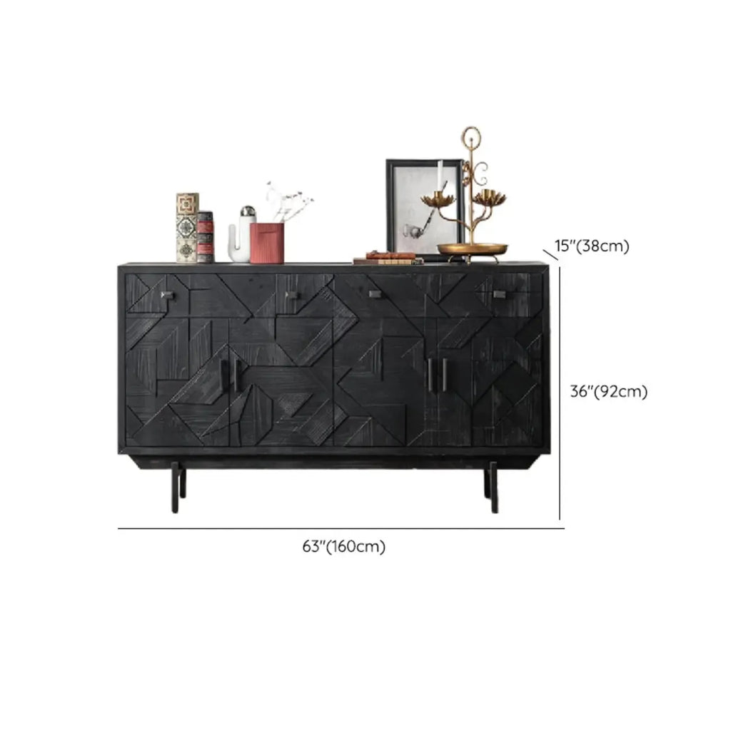 Mid-Century Rectangle Black Distressed Wood Carved Cabinet