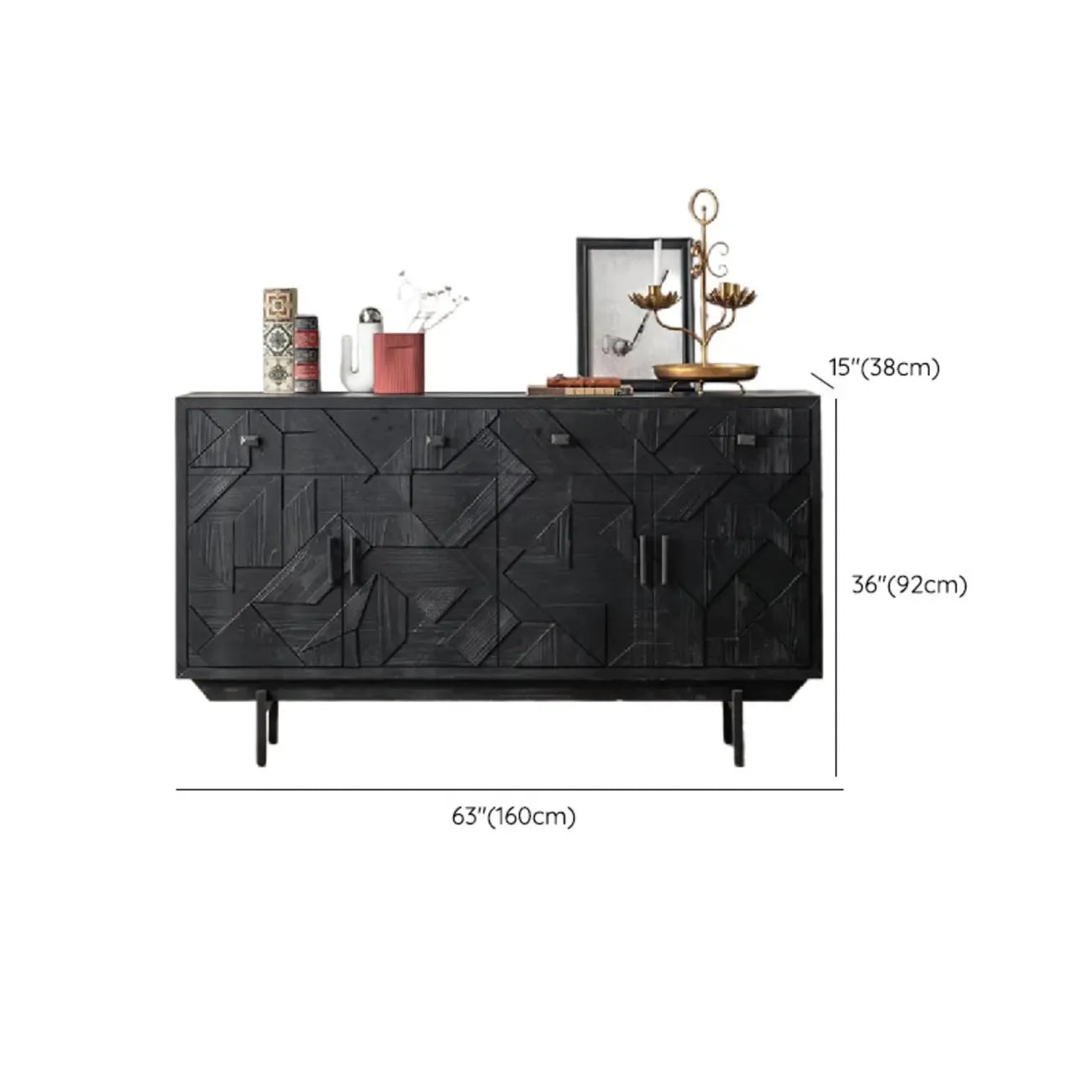 Mid-Century Rectangle Black Distressed Wood Carved Cabinet