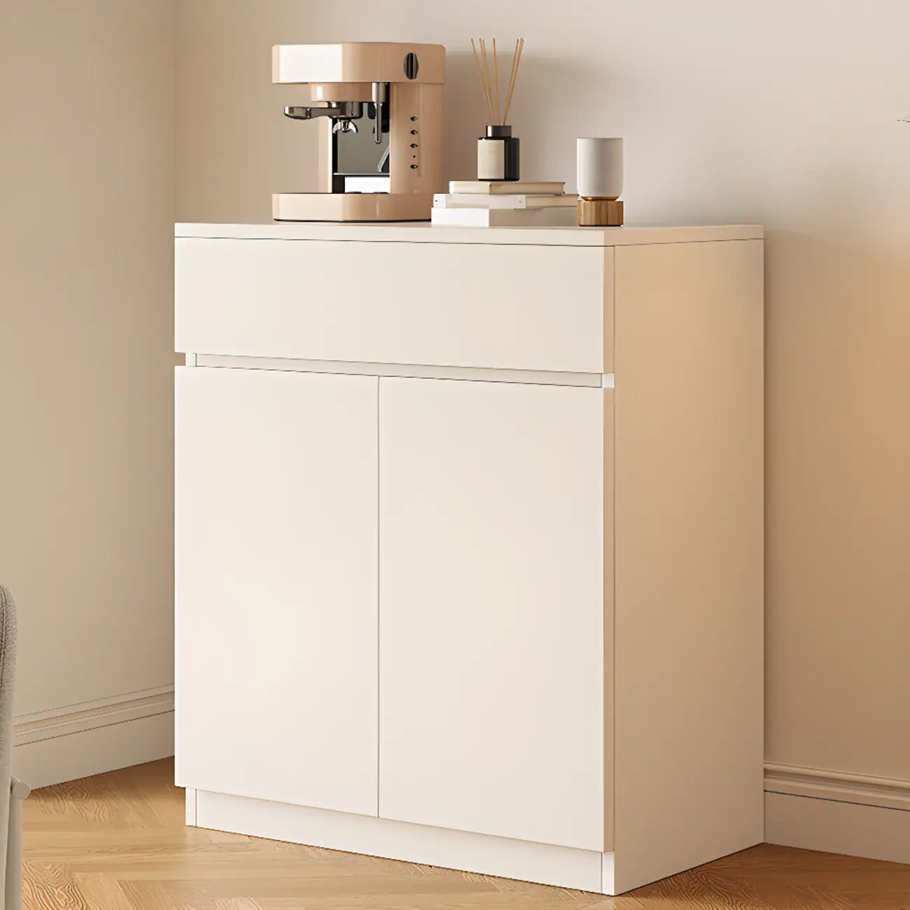White Wooden Credenza with Drawers and Cabinets