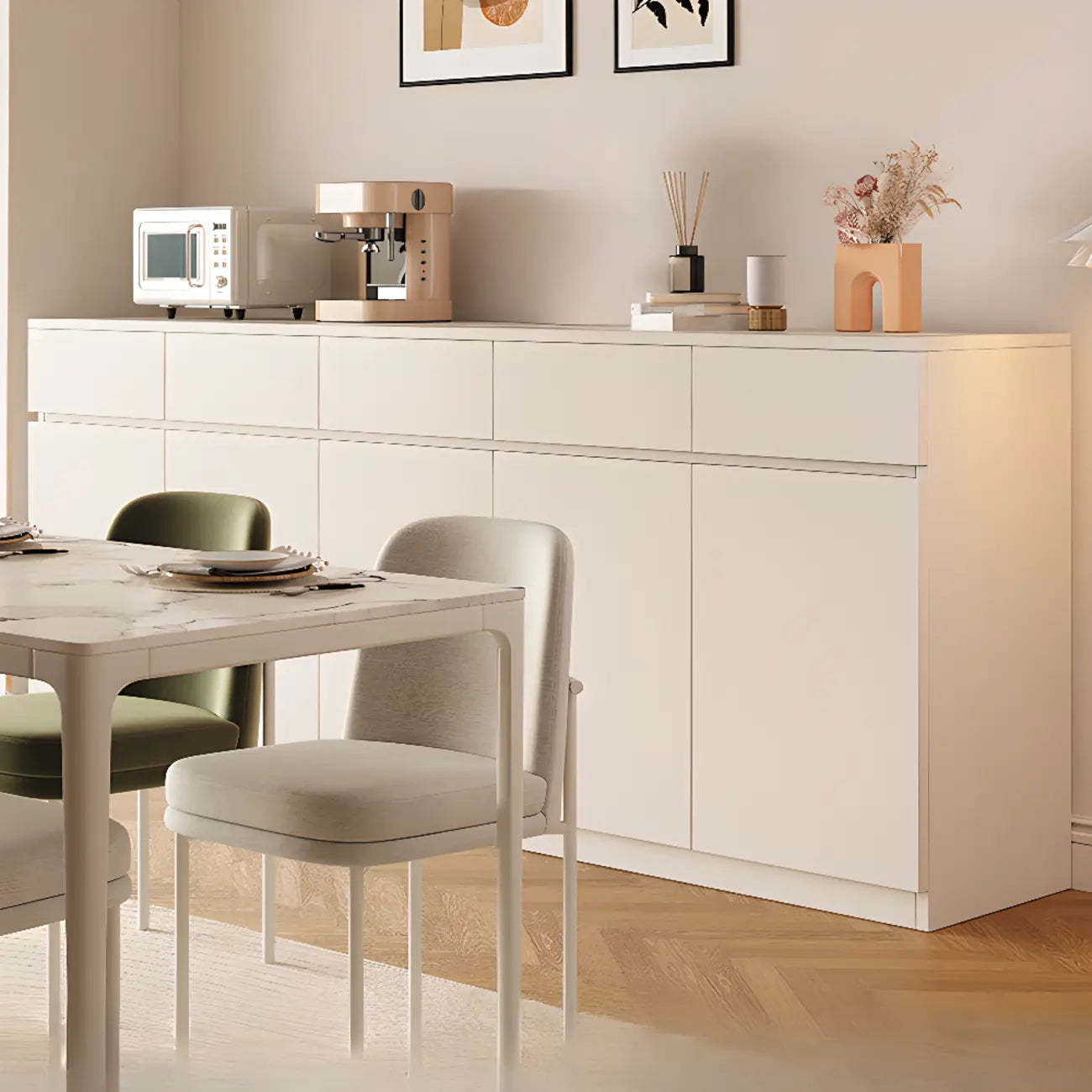 White Wooden Credenza with Drawers and Cabinets