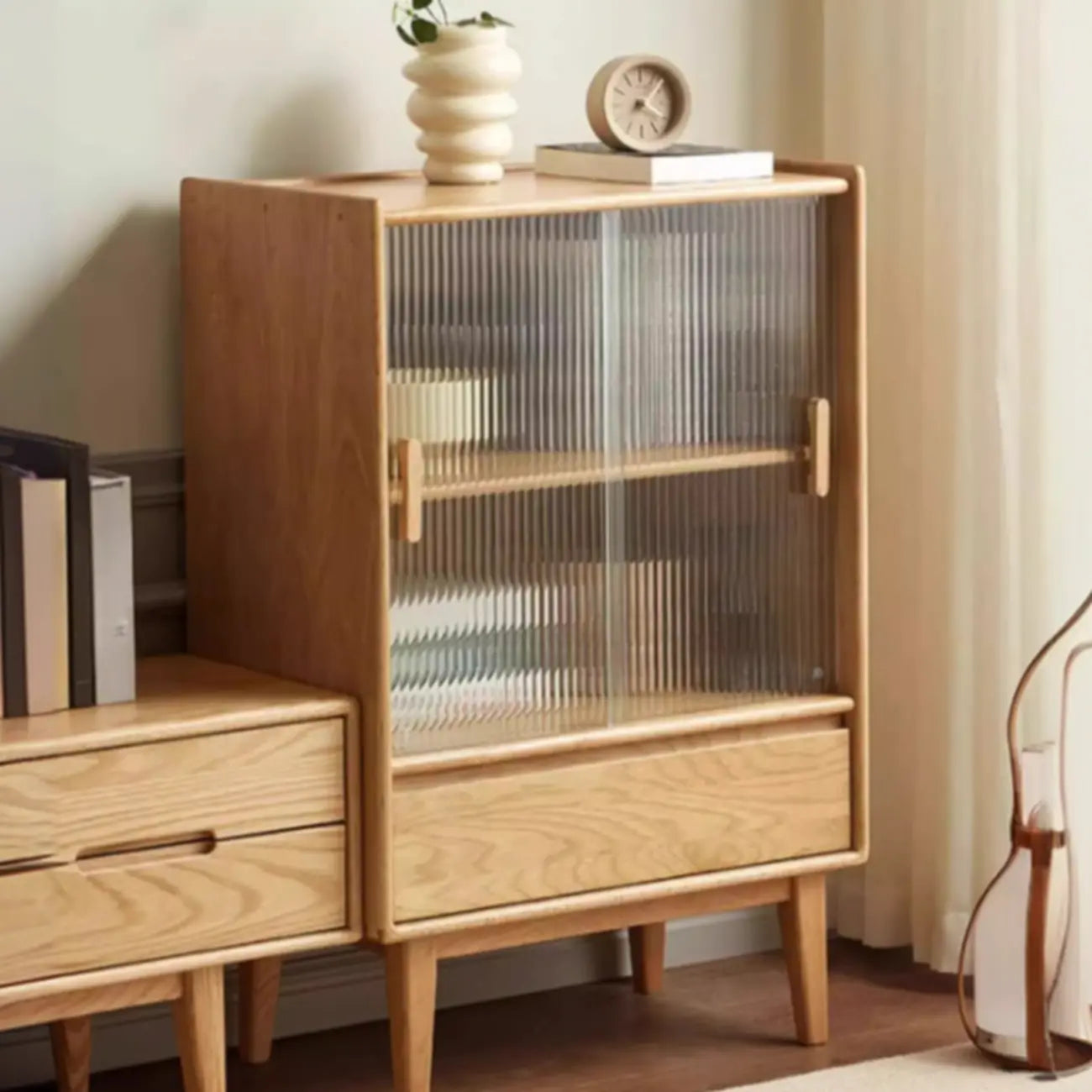 Scandinavian Solid Oak Sliding Doors Storage Cabinet