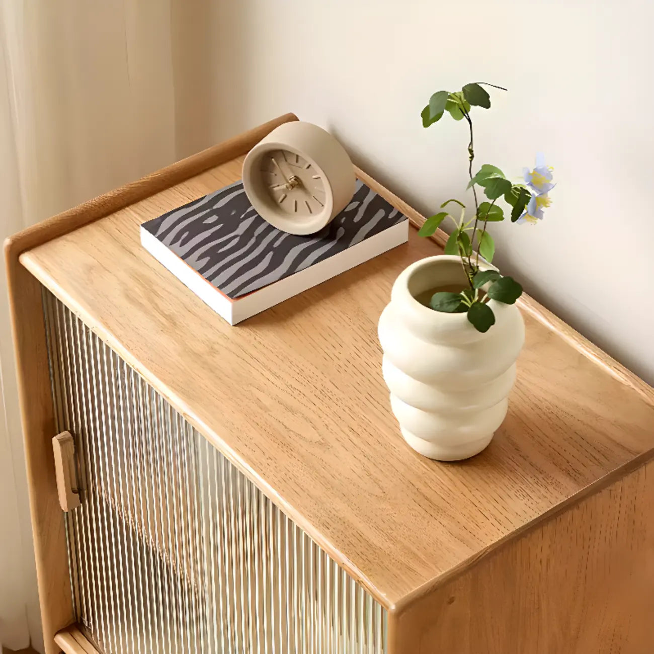 Scandinavian Solid Oak Sliding Doors Storage Cabinet