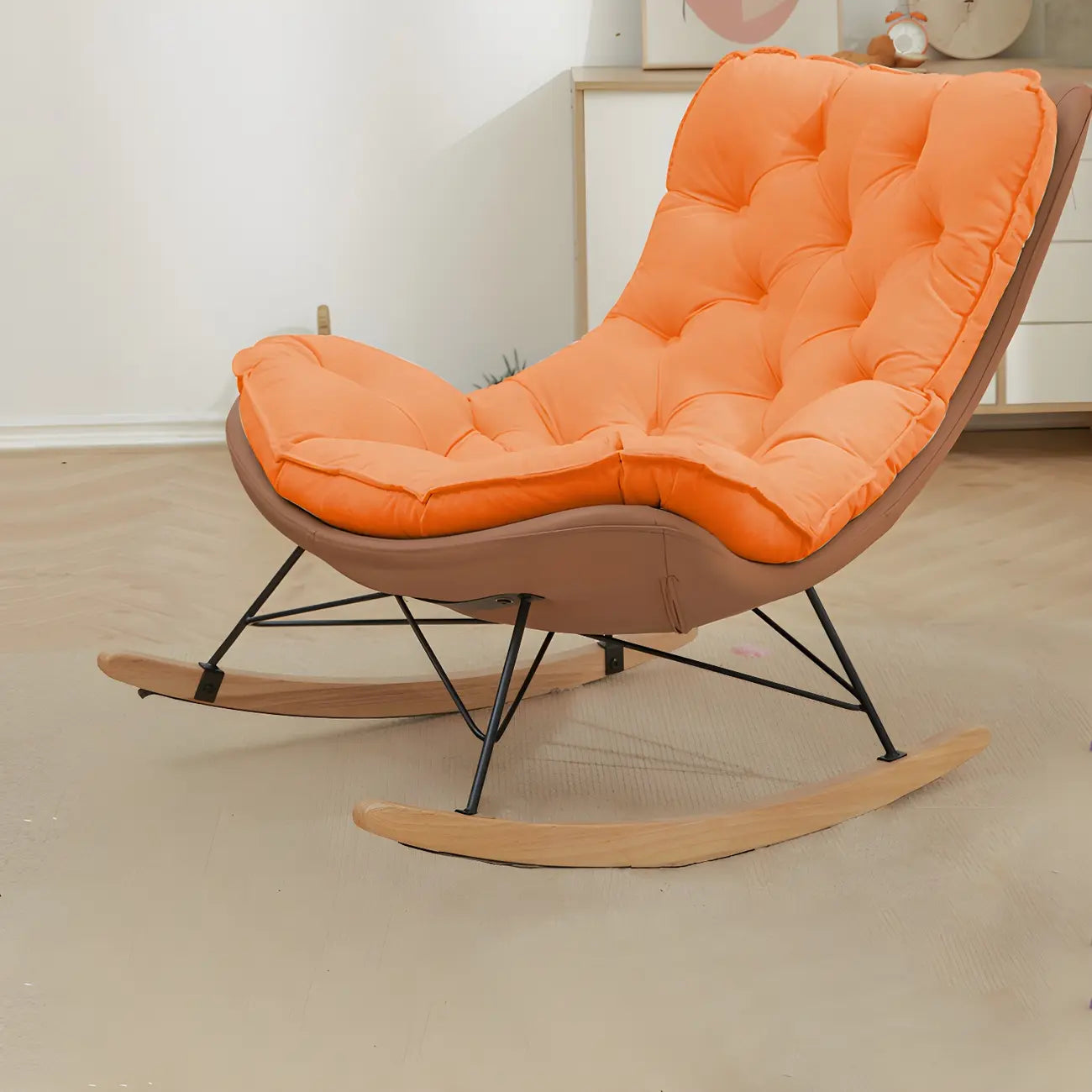Oversized Modern Tufted Rocking Chair in Orange/White