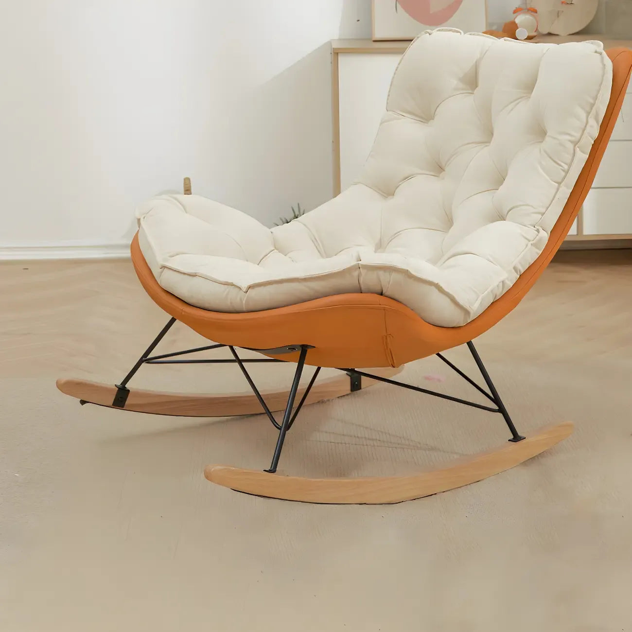 Oversized Modern Tufted Rocking Chair in Orange/White