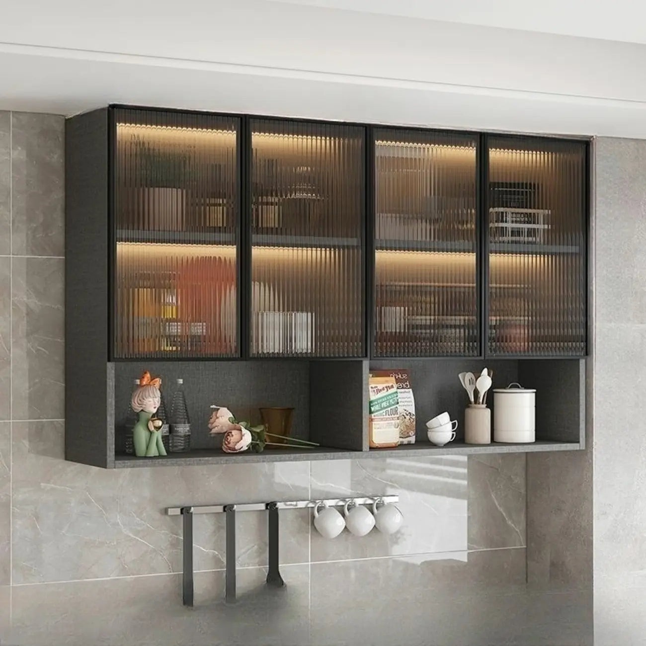 Kitchen Wood Wall-Mounted Grey Storage China Cabinet