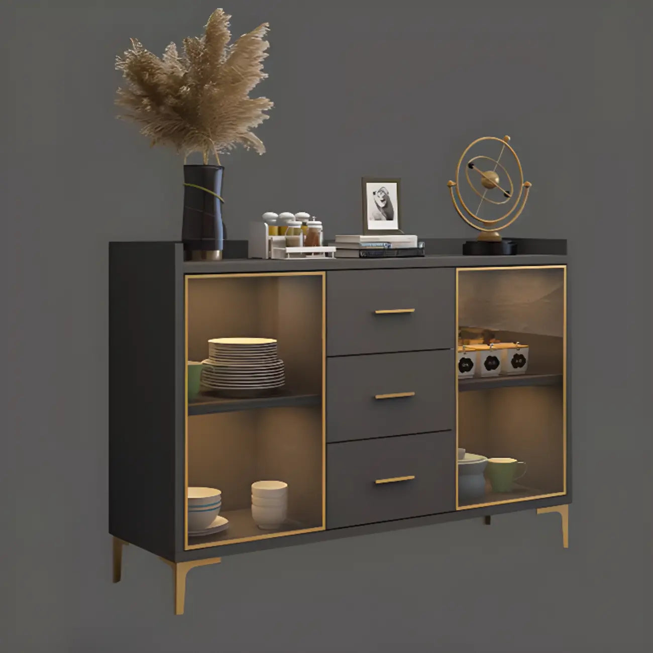 Trendy 6 Drawers White/Black Kitchen Cabinets with Metal Foot