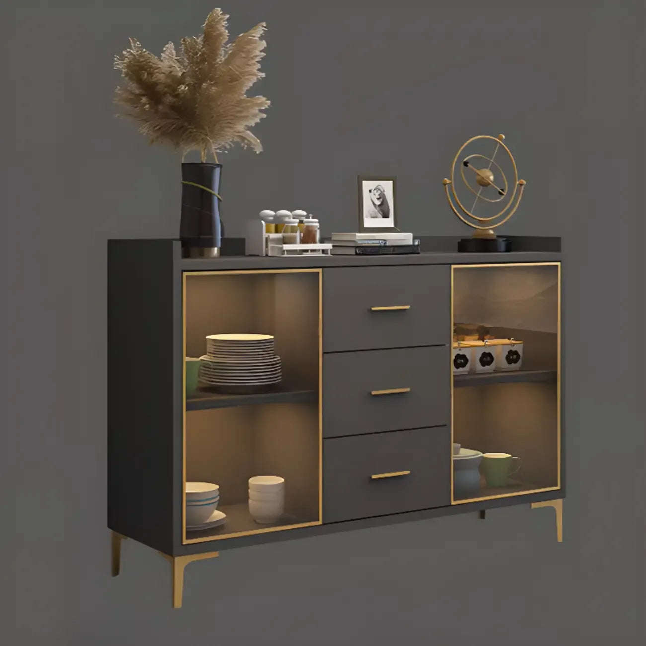 Trendy 6 Drawers White/Black Kitchen Cabinets with Metal Foot