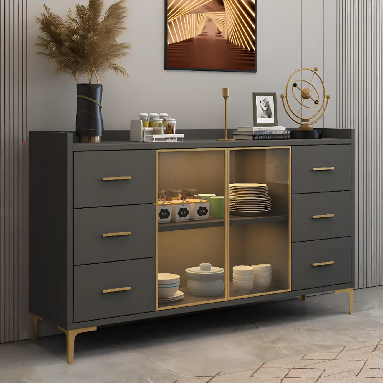 Trendy 6 Drawers White/Black Kitchen Cabinets with Metal Foot