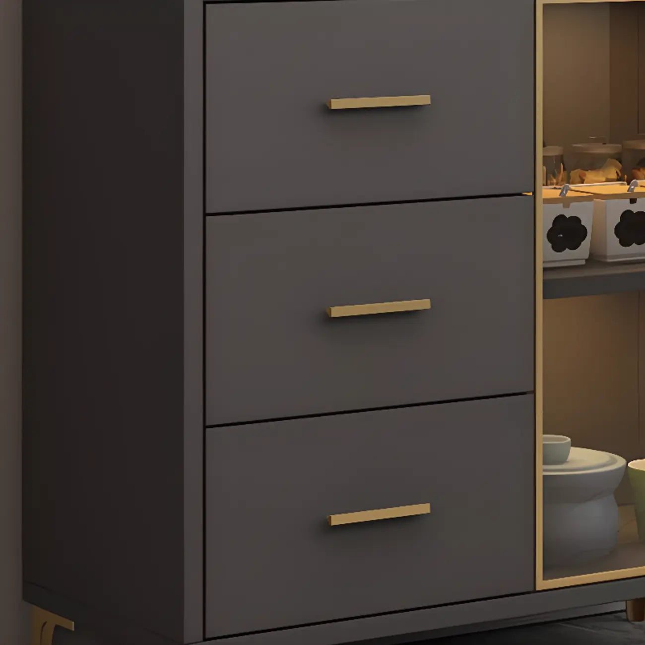Trendy 6 Drawers White/Black Kitchen Cabinets with Metal Foot