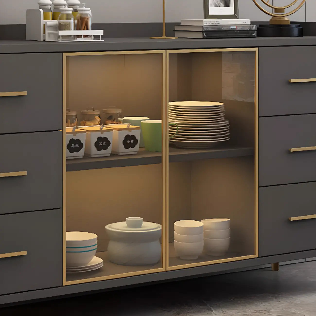 Trendy 6 Drawers White/Black Kitchen Cabinets with Metal Foot