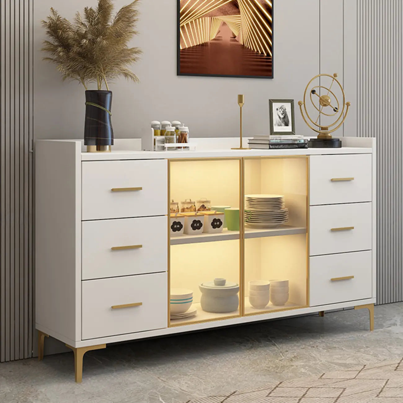 Trendy 6 Drawers White/Black Kitchen Cabinets with Metal Foot
