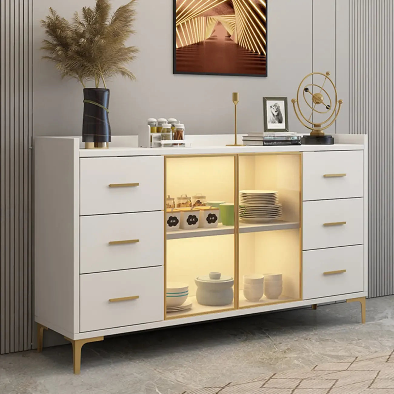 Trendy 6 Drawers White/Black Kitchen Cabinets with Metal Foot