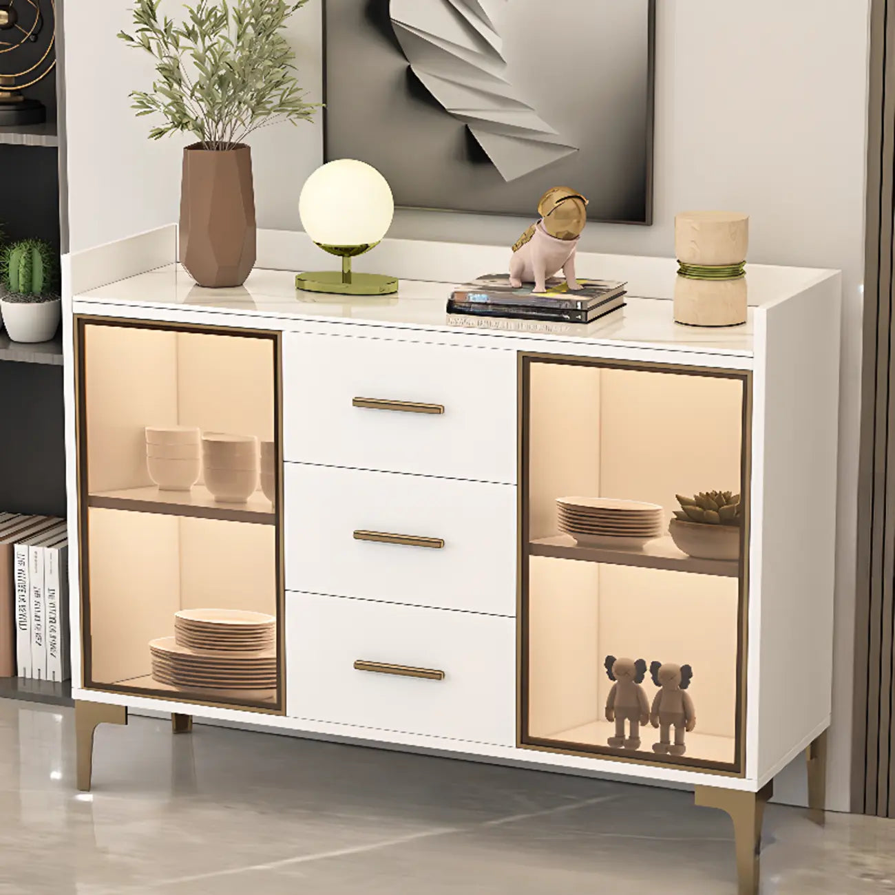 Trendy 6 Drawers White/Black Kitchen Cabinets with Metal Foot