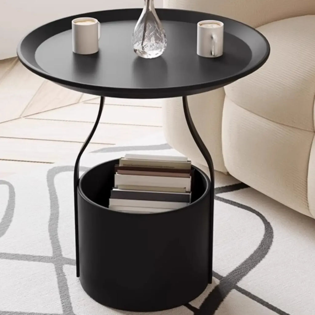 Metal Tray Top Black Side Table with Storage for Living Room