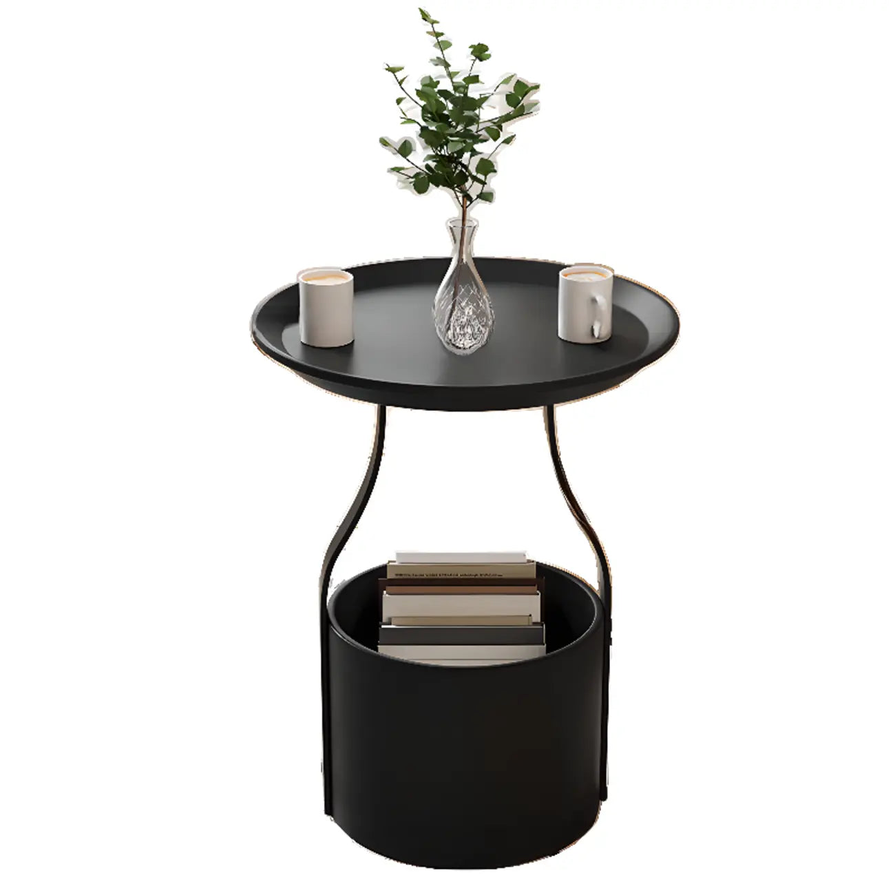 Metal Tray Top Black Side Table with Storage for Living Room