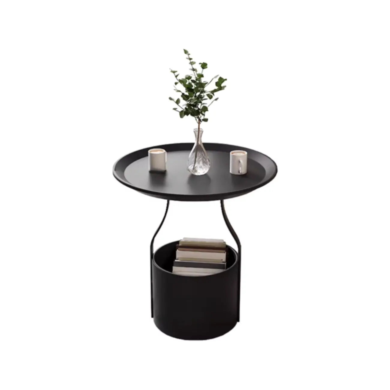 Metal Tray Top Black Side Table with Storage for Living Room