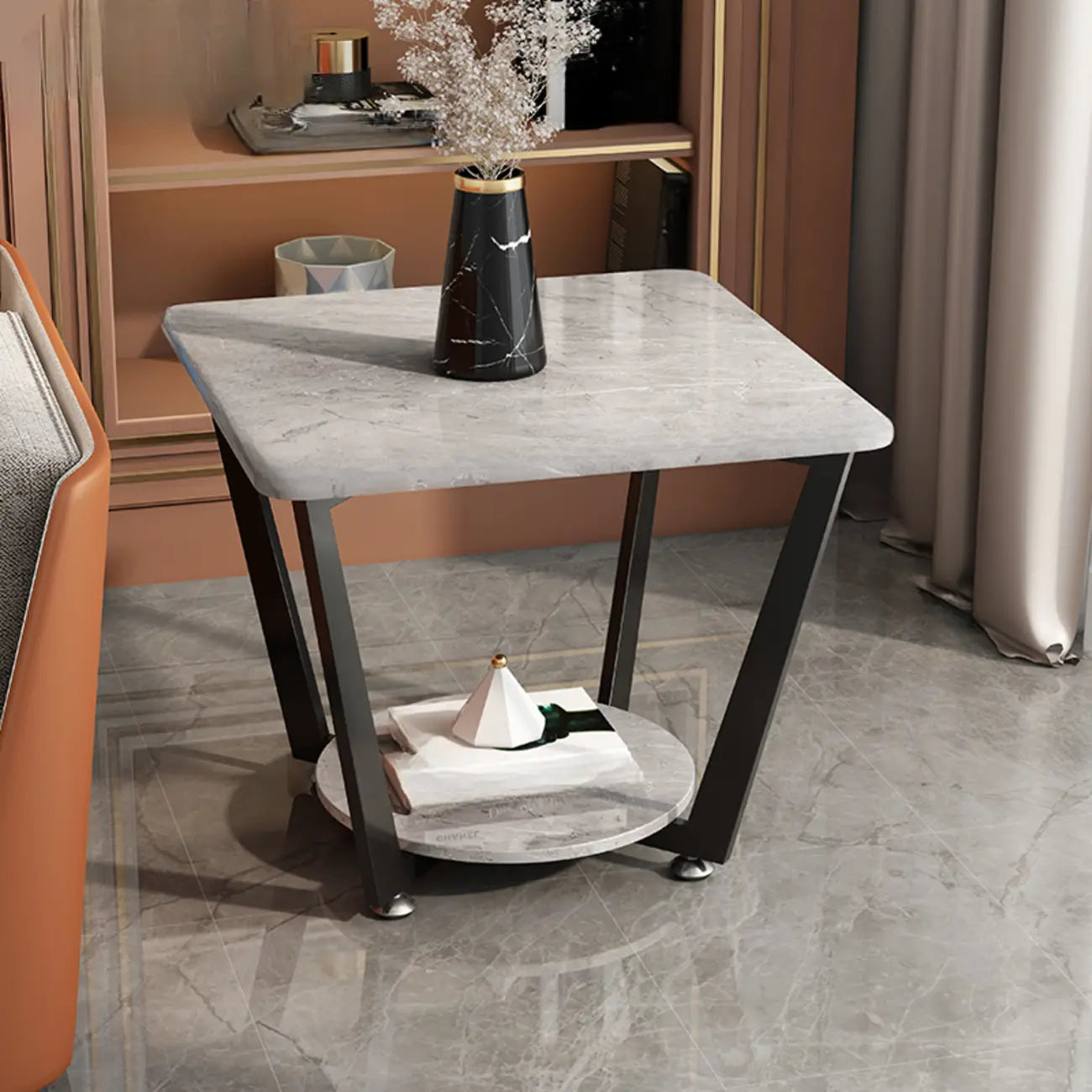 Gray Square Marble Top Modern End Table with Storage